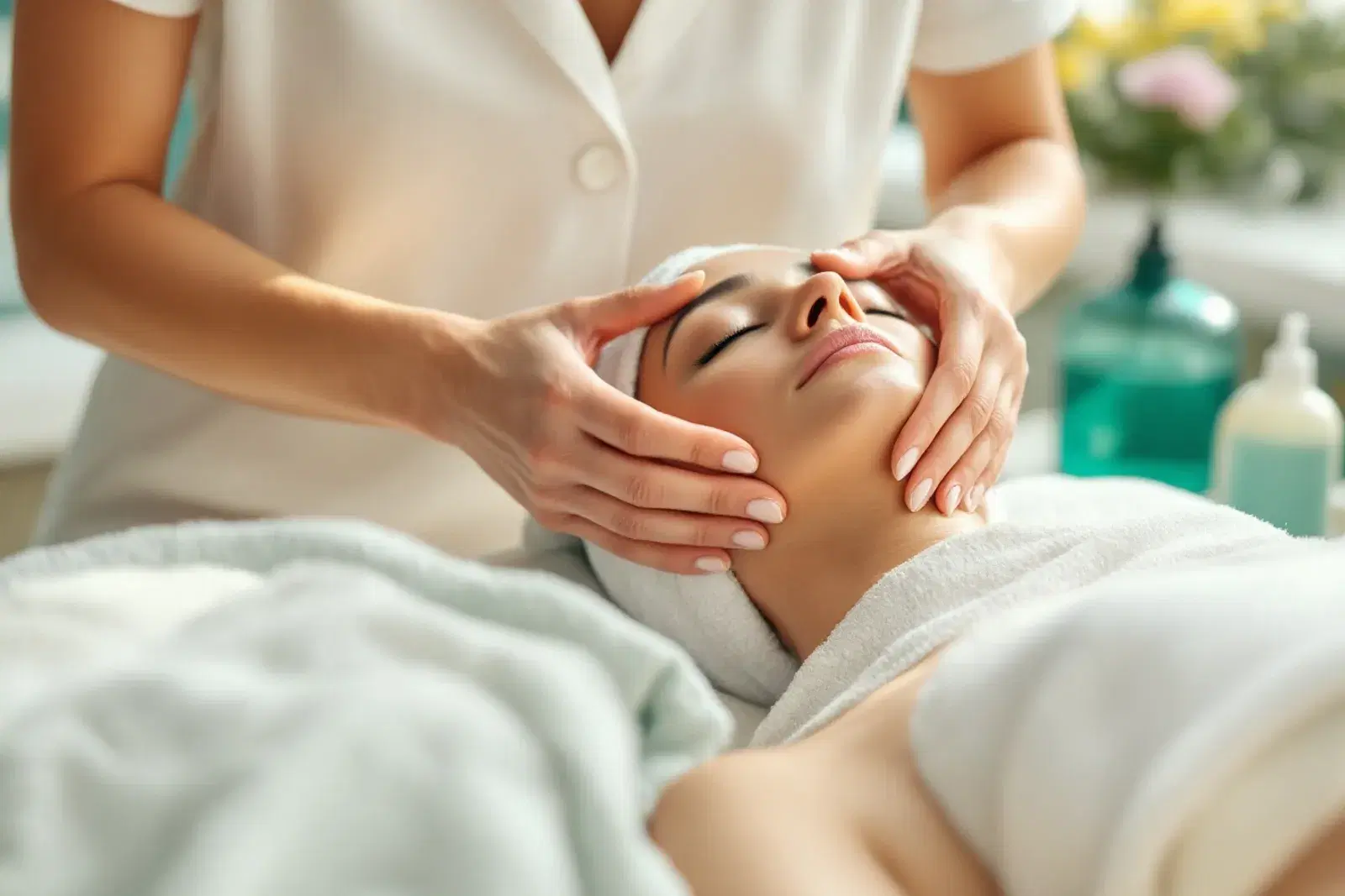 Esteticista realizando un tratamiento facial a una clienta relajada