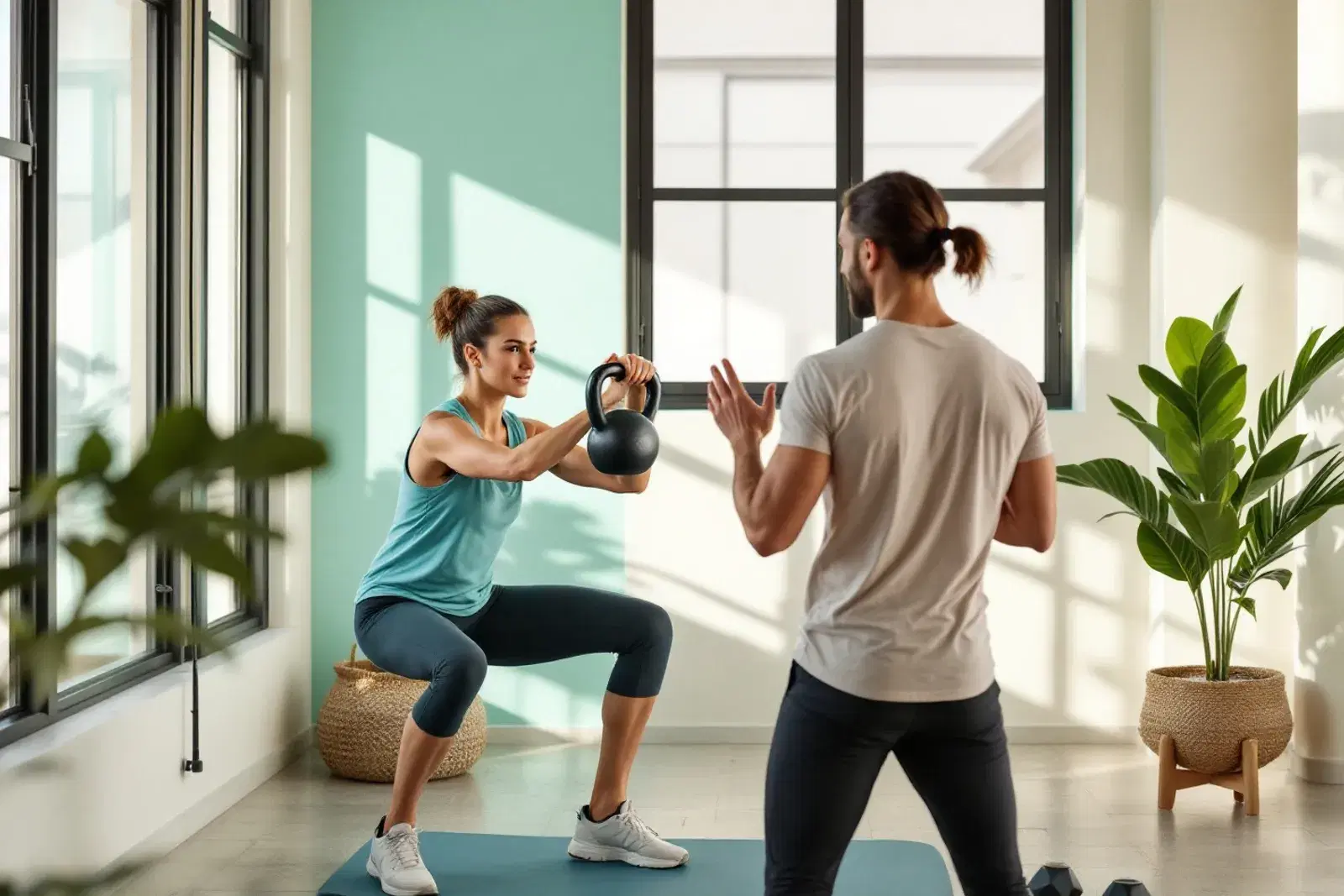 Entrenador personal guiando a una alumna con kettlebells en un gimnasio