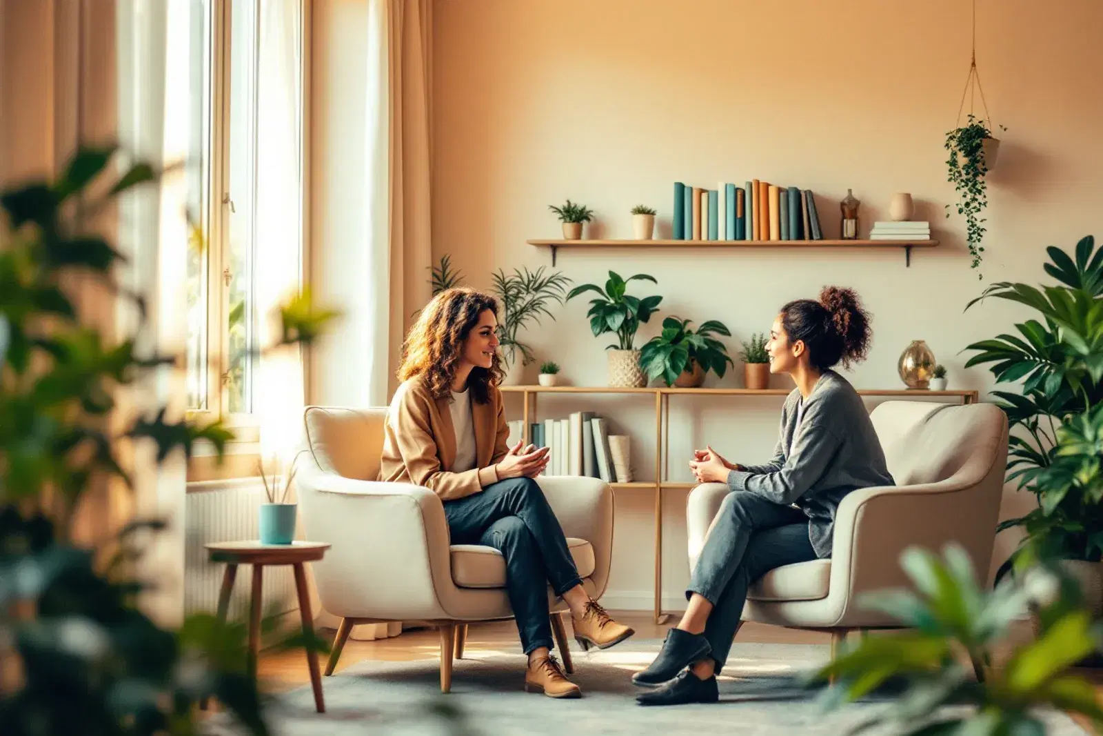 Psicóloga conversando con un paciente en una consulta cálida