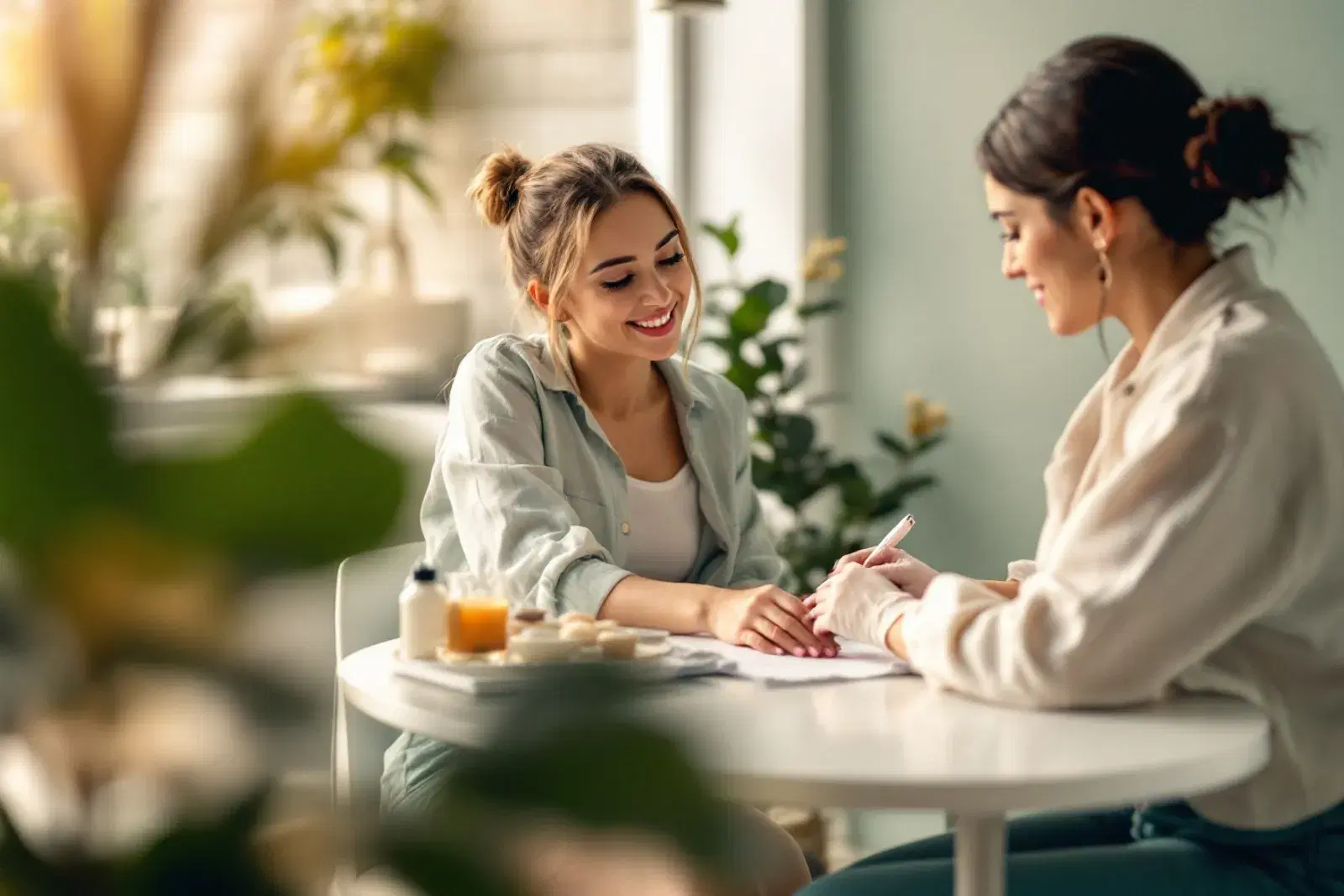 Manicurista esmaltando las uñas de una clienta en un salón de uñas