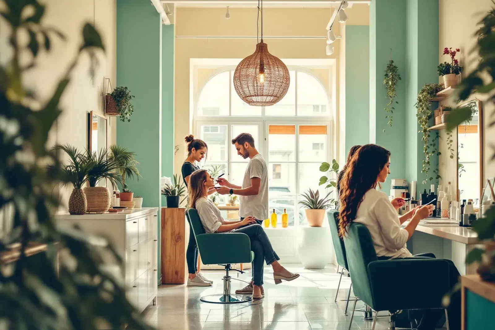 Equipo de un salón de belleza atendiendo clientas en un espacio luminoso
