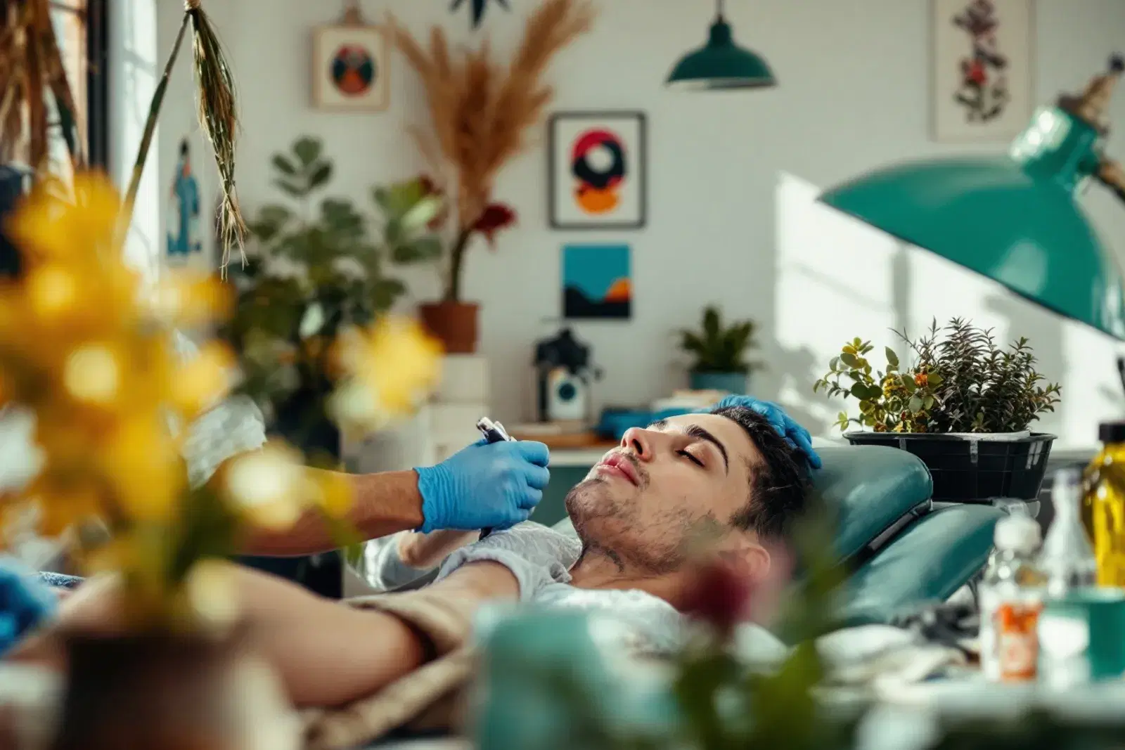 Tatuador trabajando en el antebrazo de un cliente en un estudio moderno