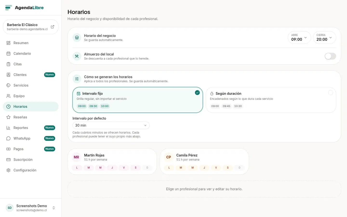 Gestión de equipo y horarios en AgendaLibre