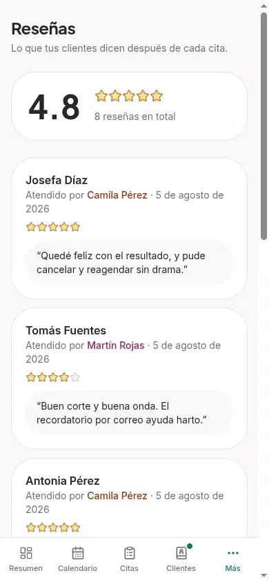 Reseñas de clientes en el panel de AgendaLibre