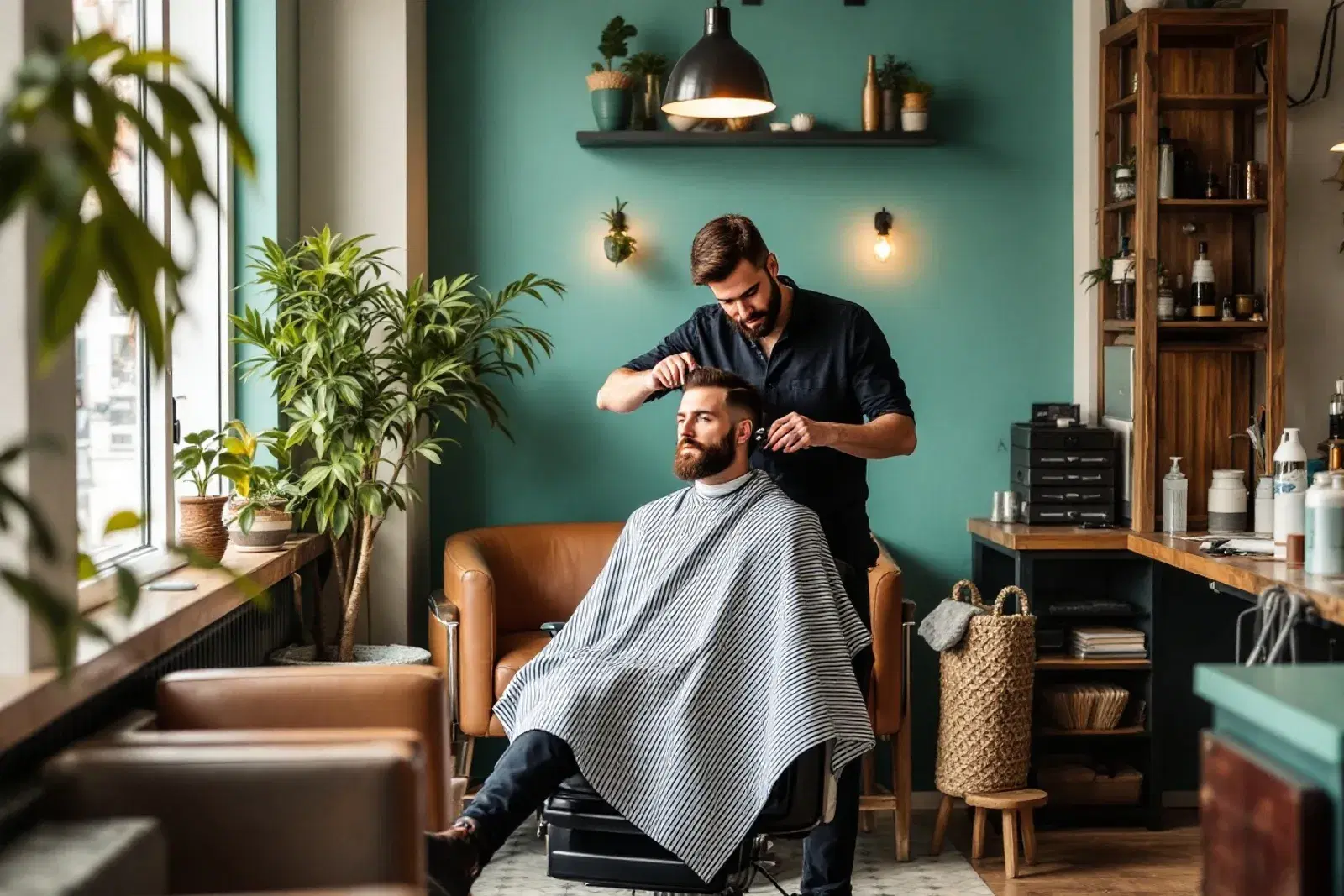 Barbero perfilando la barba de un cliente en una barbería moderna