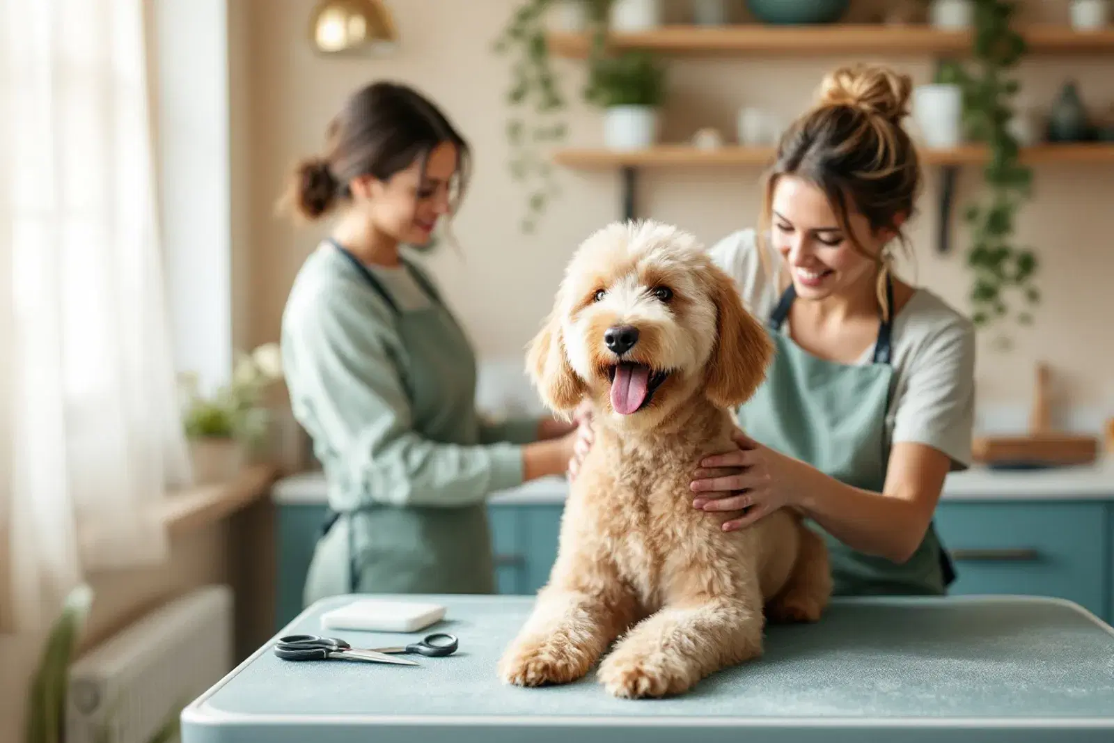 Groomer recortando con cariño a un perro feliz en una mesa de grooming